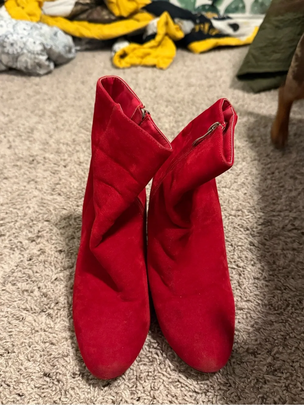 PrettyLittleThing Red Suede Block Heel Ankle Boots